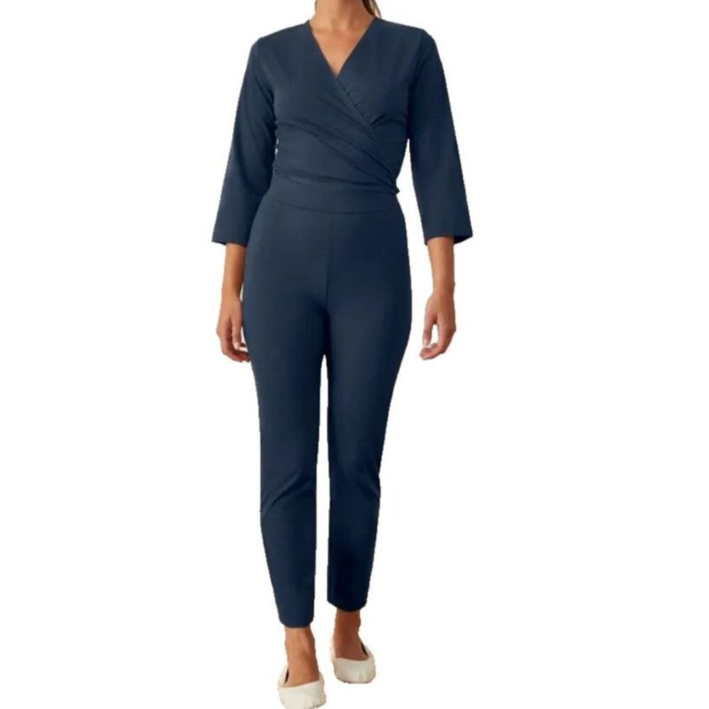 Aday Jumpsuit Destination Navy Blue Wrap Straight 3/4 Sleeve Size XS